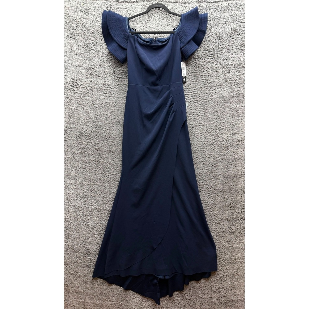 NWT Xscape Women's Ruffled-Off-The-Shoulder Crepe Gown Maxi Dress Navy Size 4